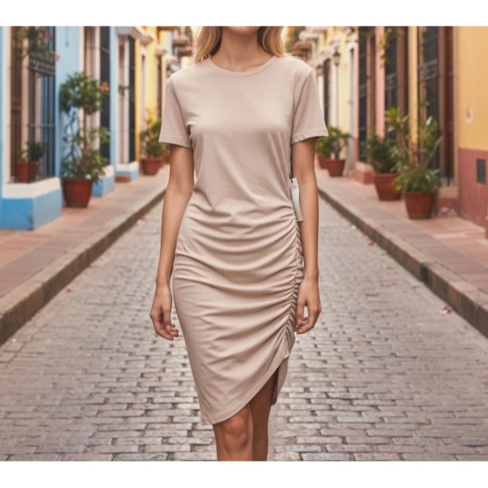 NWT Treasure & Bond Women's Size M Taupe Pullover Dress w/Ruching on Left Side